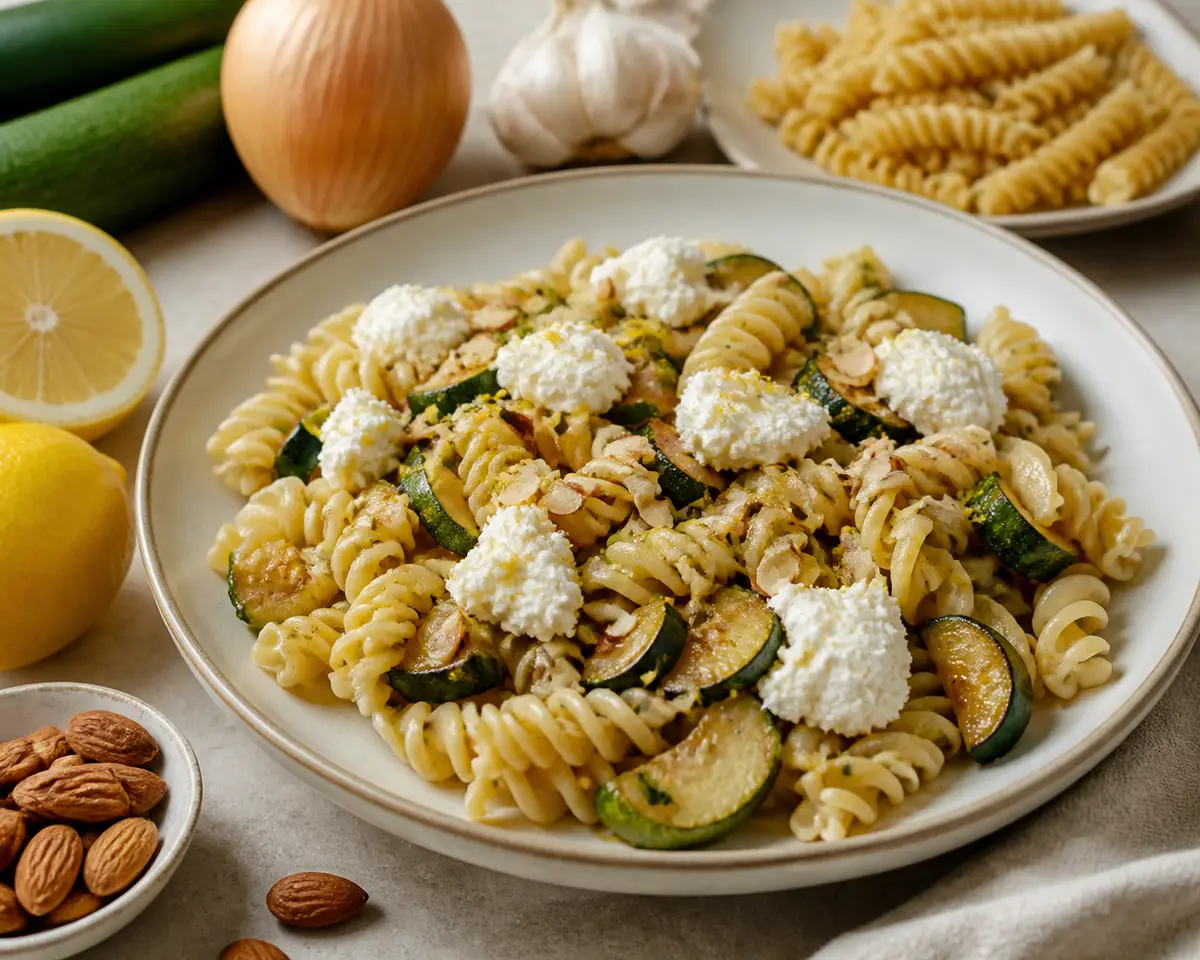 Fusilli with Braised Zucchini, Lemon, Ricotta and Toasted Almonds