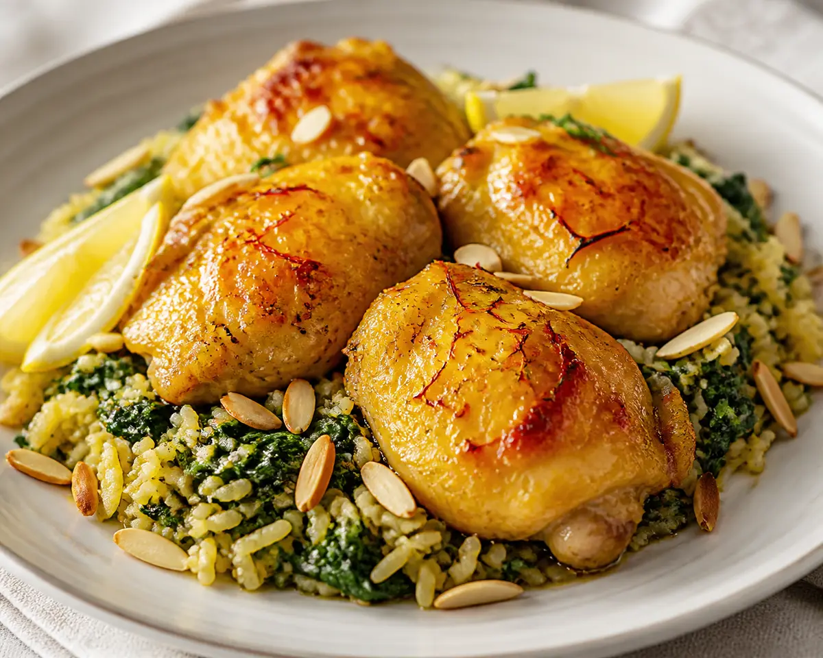 Oven-Baked Chicken with Honey, Saffron and Lemon Glaze over Spinach Bulgur with Almonds
