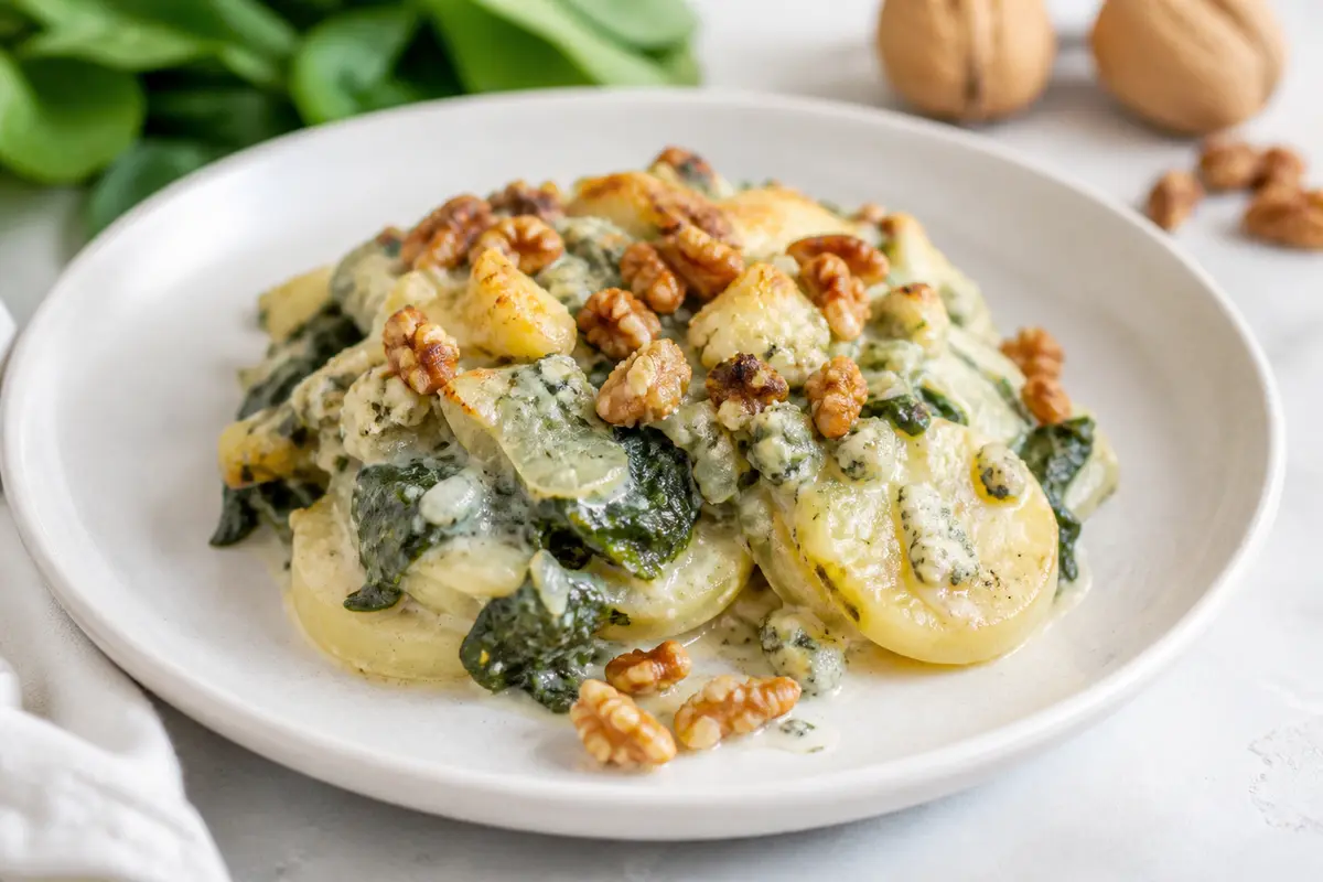 Pastel cremoso de patata, espinaca y queso azul con nueces al horno