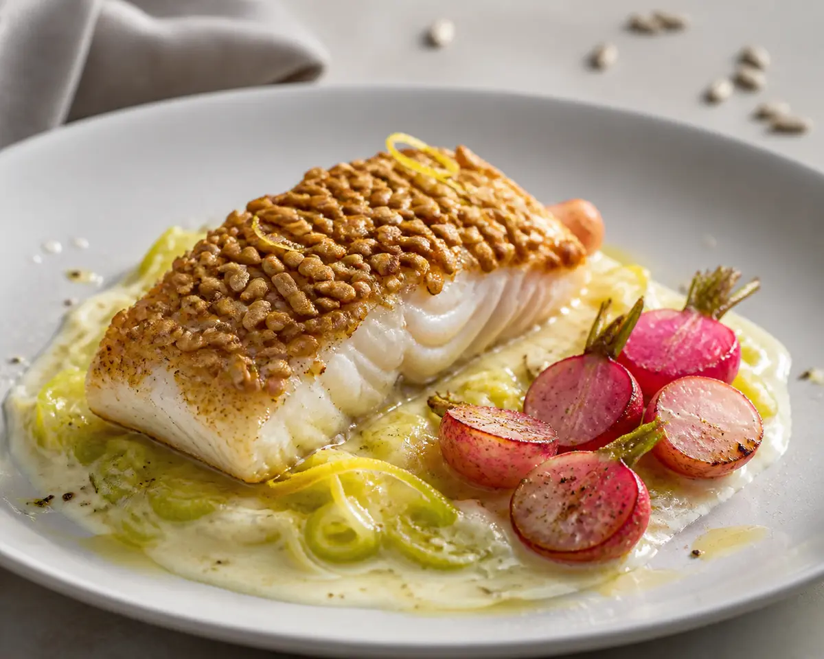 Baked Fish with Sunflower Seed Crust, Leek-Lemon Cream, and Roasted Radishes