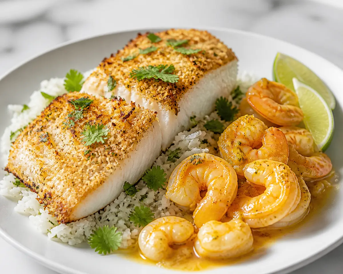 Corvina en Costra de Coco y Lima con Langostinos al Curry Suave y Arroz de Cilantro