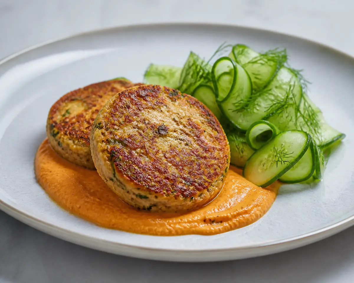 Tortitas de alubia blanca y puerro con crema tibia de zanahoria al jengibre y ensalada de pepino con eneldo