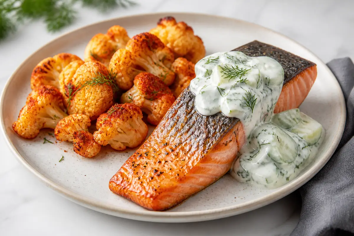 Salmón Keto en Salsa Cremosa de Pepino y Eneldo con Coliflor Tostada al Pimentón
