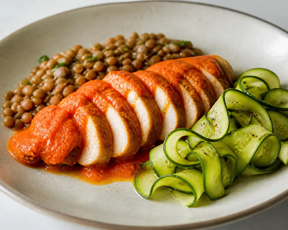 Pechuga de Pavo en Salsa de Pimiento Asado con Cintas de Calabacín y Lentejas al Limón