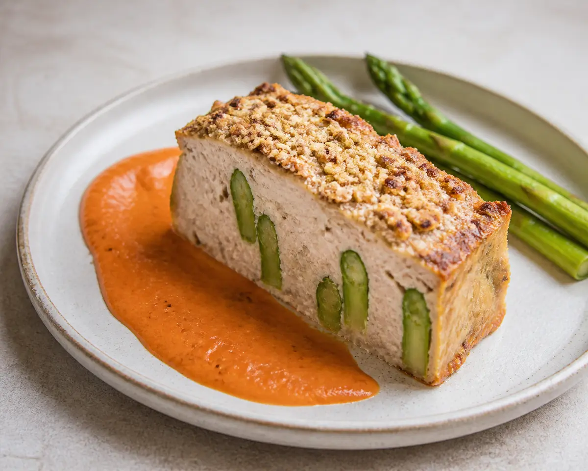 Terrina Dorada de Pavo, Requesón y Espárragos con Costra de Almendra y Salsa de Pimiento Asado