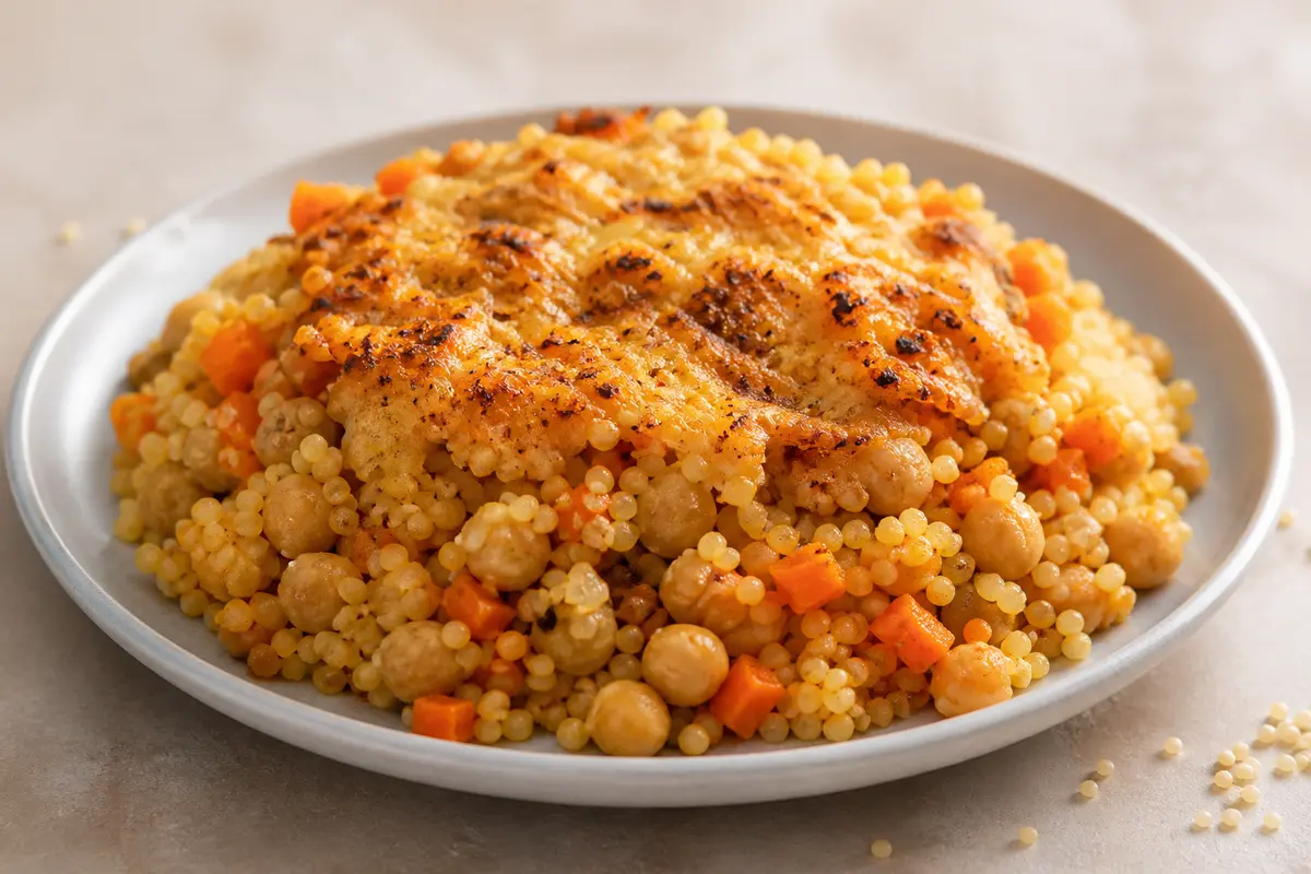 Sartén Económica de Couscous con Garbanzos, Zanahoria y Costra de Queso Especiado