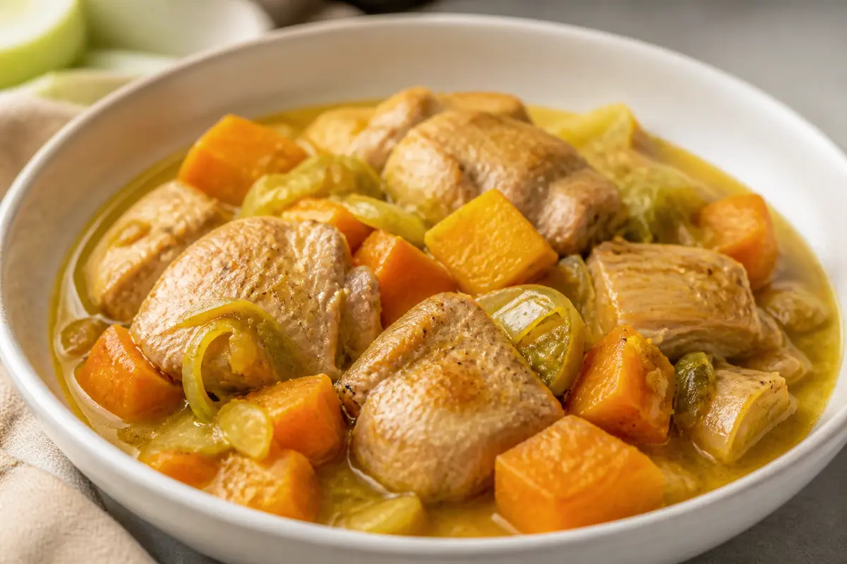 Pollo en slow cooker con calabaza, puerro, mostaza y sidra