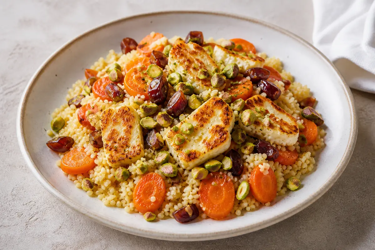 Cuscús Rápido de Zanahoria Asada en Sartén con Halloumi, Dátiles y Pistachos