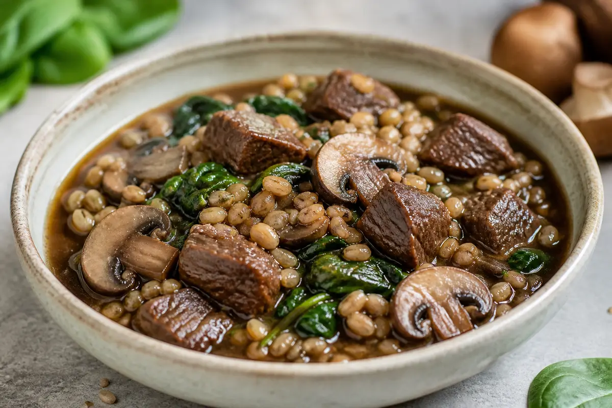 Instant Pot Balsamic Beef with Barley, Mushrooms and Spinach