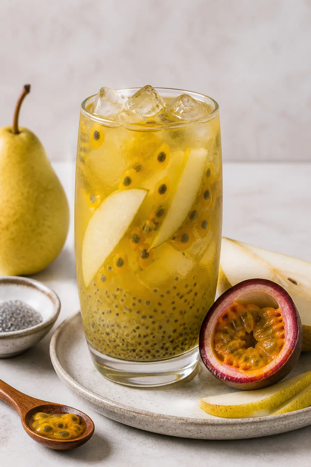 Bebida Helada de Maracuyá, Pera y Té Verde con Chía de Limón