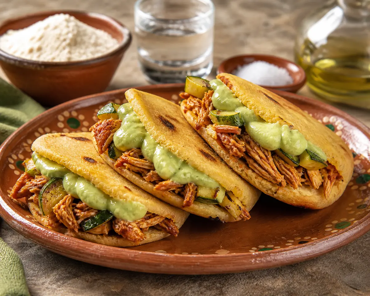 Golden corn gorditas with morita chile chicken, sautéed zucchini, and avocado crema