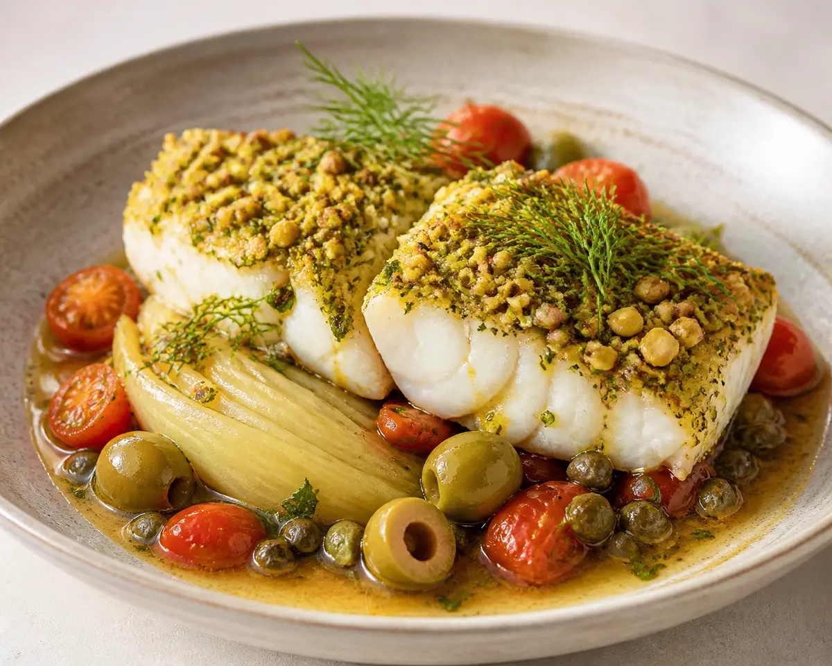 Mediterranean Pistachio-Herb Crusted Cod with Braised Fennel and Warm Tomato, Olive and Capers Sauce