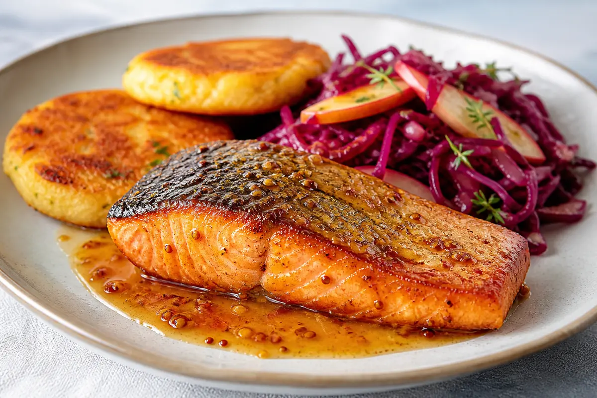 Cider-Mustard Glazed Salmon with Cheddar Potato Cakes and Warm Red Cabbage Apple Slaw