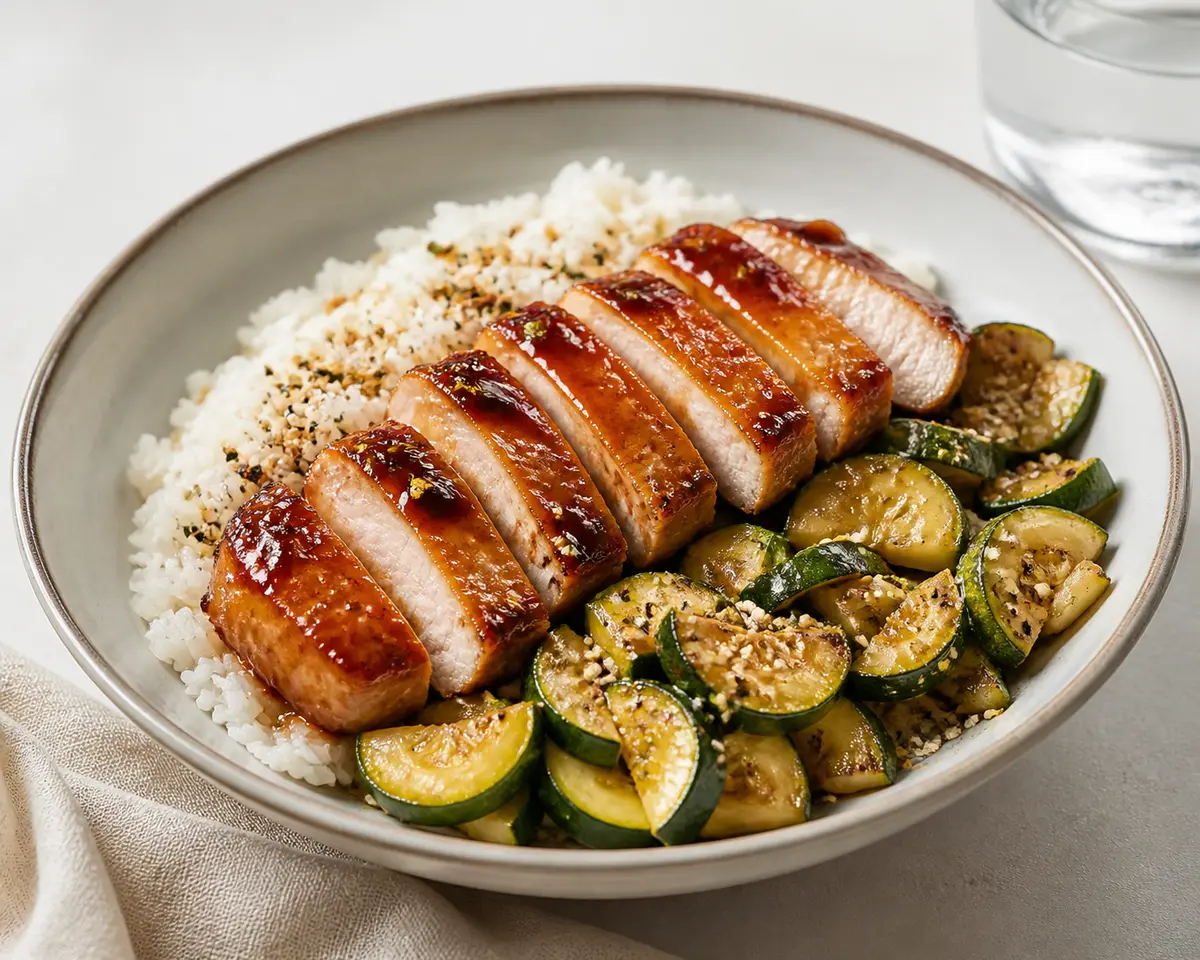 Bowl de arroz jazmín con cerdo glaseado al miso de albaricoque, calabacín salteado y furikake de pipas
