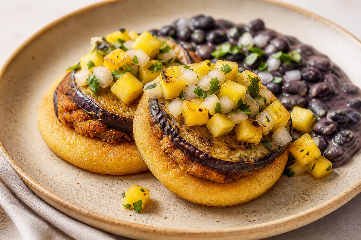 Milanesas de Berenjena en Costra de Arepa con Frijoles Negros Cremosos y Pico de Piña Asada