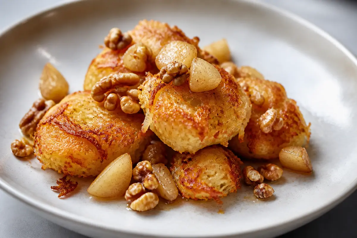 Crispy potato-parmesan scoops with spiced pear and toasted walnut