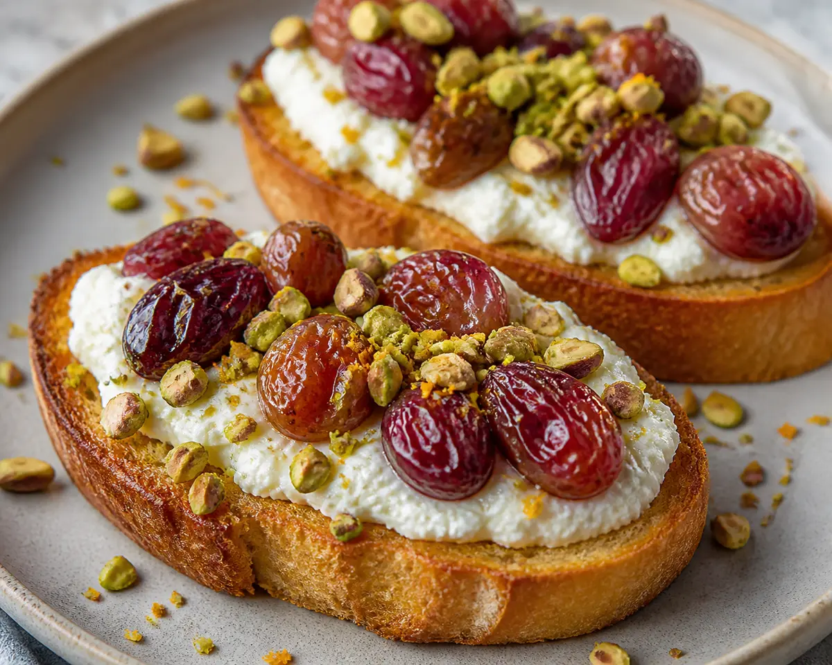 Rustic Chickpea Toasts with Citrus Ricotta, Roasted Grapes, and Pistachio