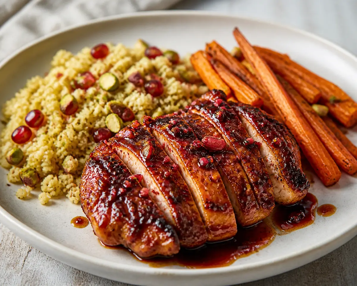 Pollo glaseado de granada y zumaque con cuscús de coliflor y pistachos, y zanahorias asadas al comino