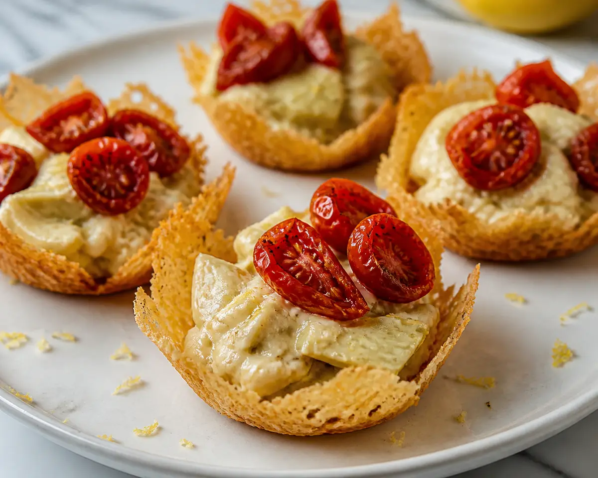 Parmesan Nests with Lemon Artichoke Cream and Roasted Cherry Tomatoes