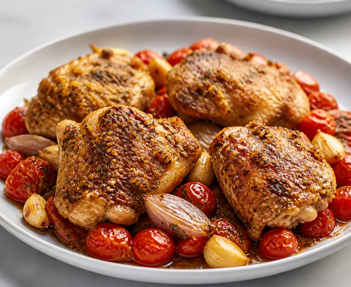 Pollo al horno con costra de ajo asado, parmesano y hierbas sobre tomates confitados