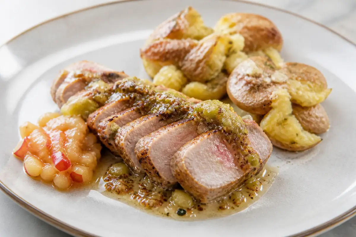 Lomo de Cerdo en Salsa de Puerro, Mostaza Antigua y Manzana Dorada con Patatas Aplastadas