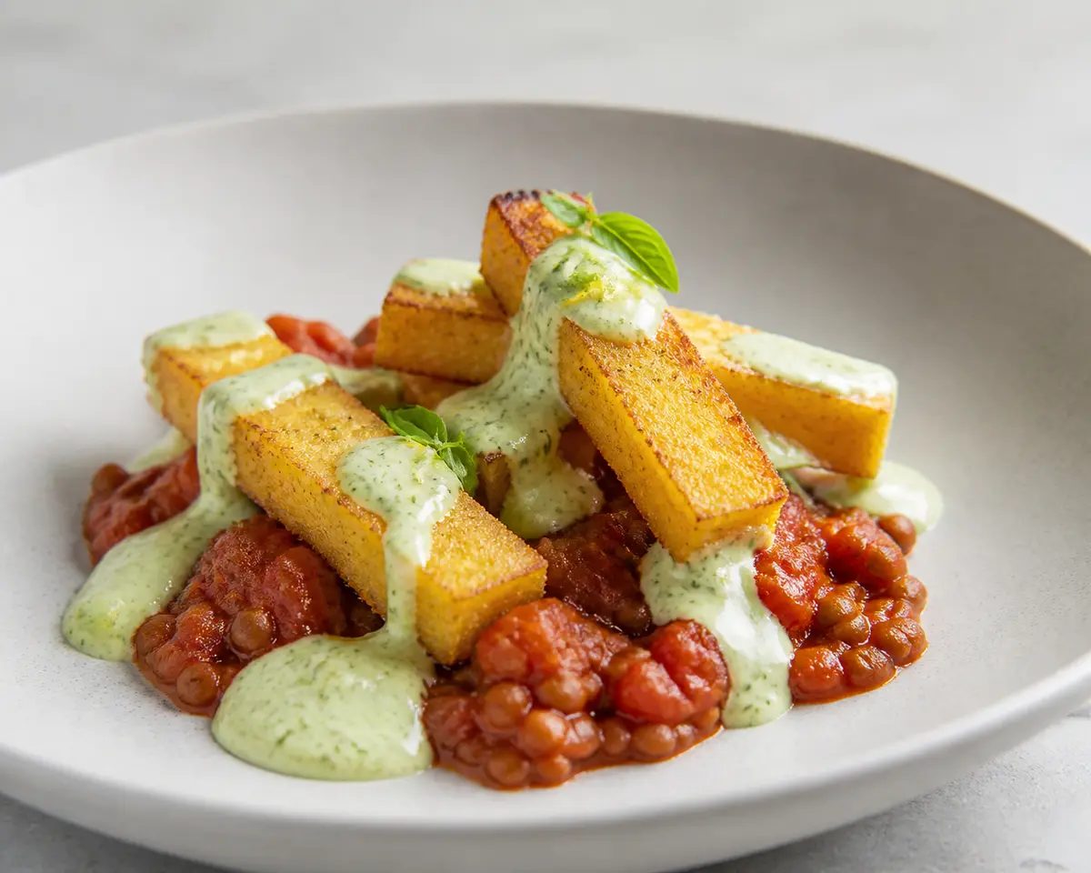 Bastones de polenta crujiente con ragú de lentejas al tomate ahumado y crema de albahaca y limón