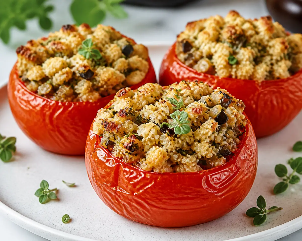 Tomates rellenos de bulgur cremoso, berenjena asada y costra de feta al orégano