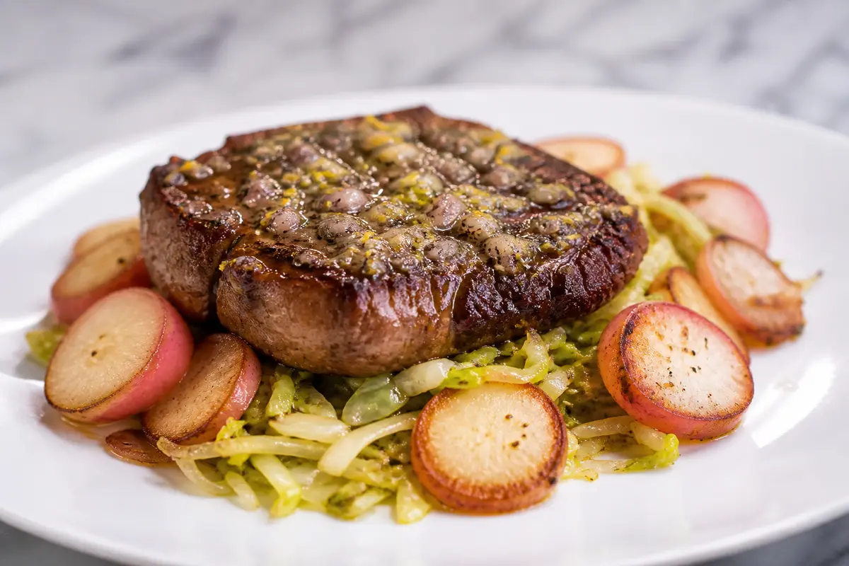 Filete de res keto con mantequilla de anchoa y limón sobre repollo salteado y rábanos dorados
