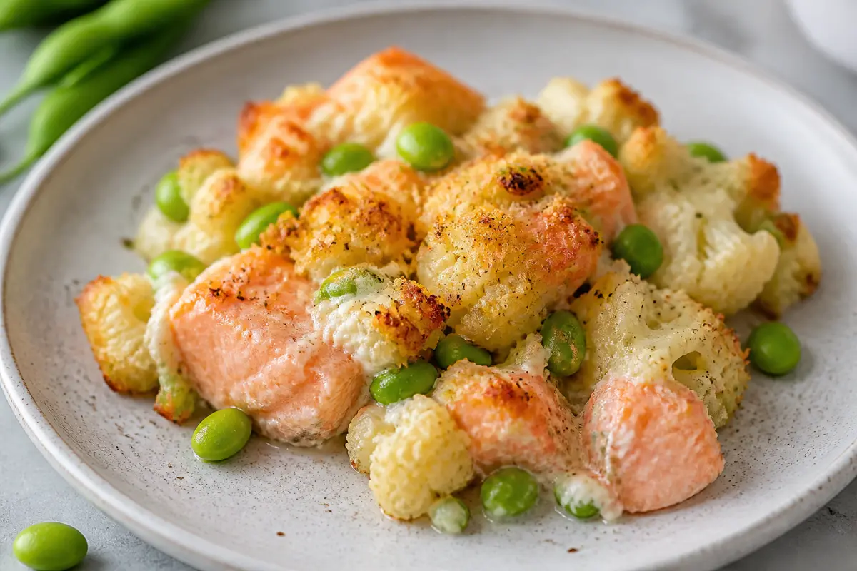 Pastel Proteico de Salmón, Edamame y Coliflor con Costra de Parmesano