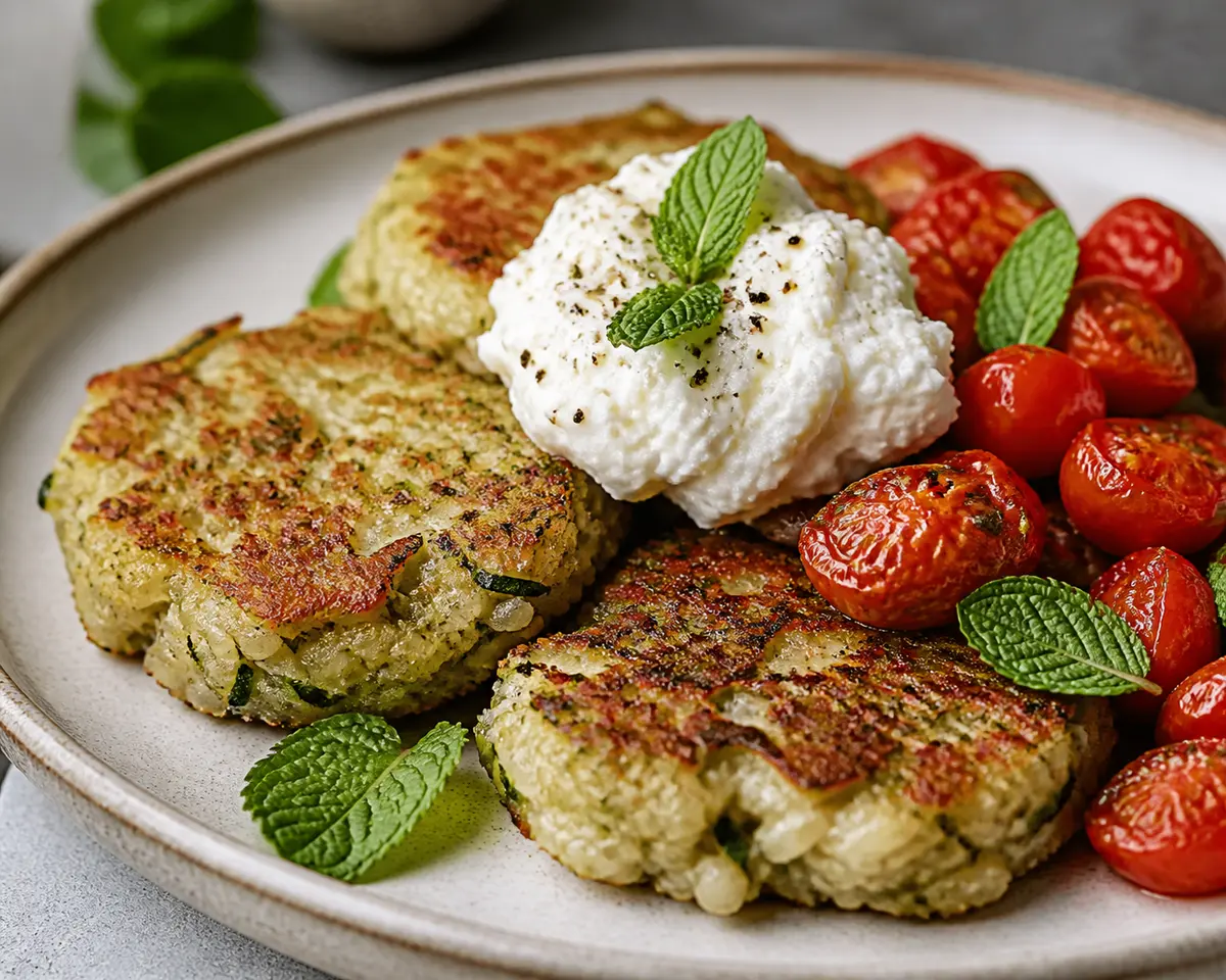 Zucchini and Rice Cakes with Whipped Feta, Mint, and Roasted Tomatoes