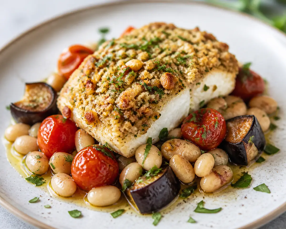 Bacalao al Horno con Costra de Almendra y Hierbas sobre Cama de Berenjena, Tomate Cherry y Judías Blancas al Limón