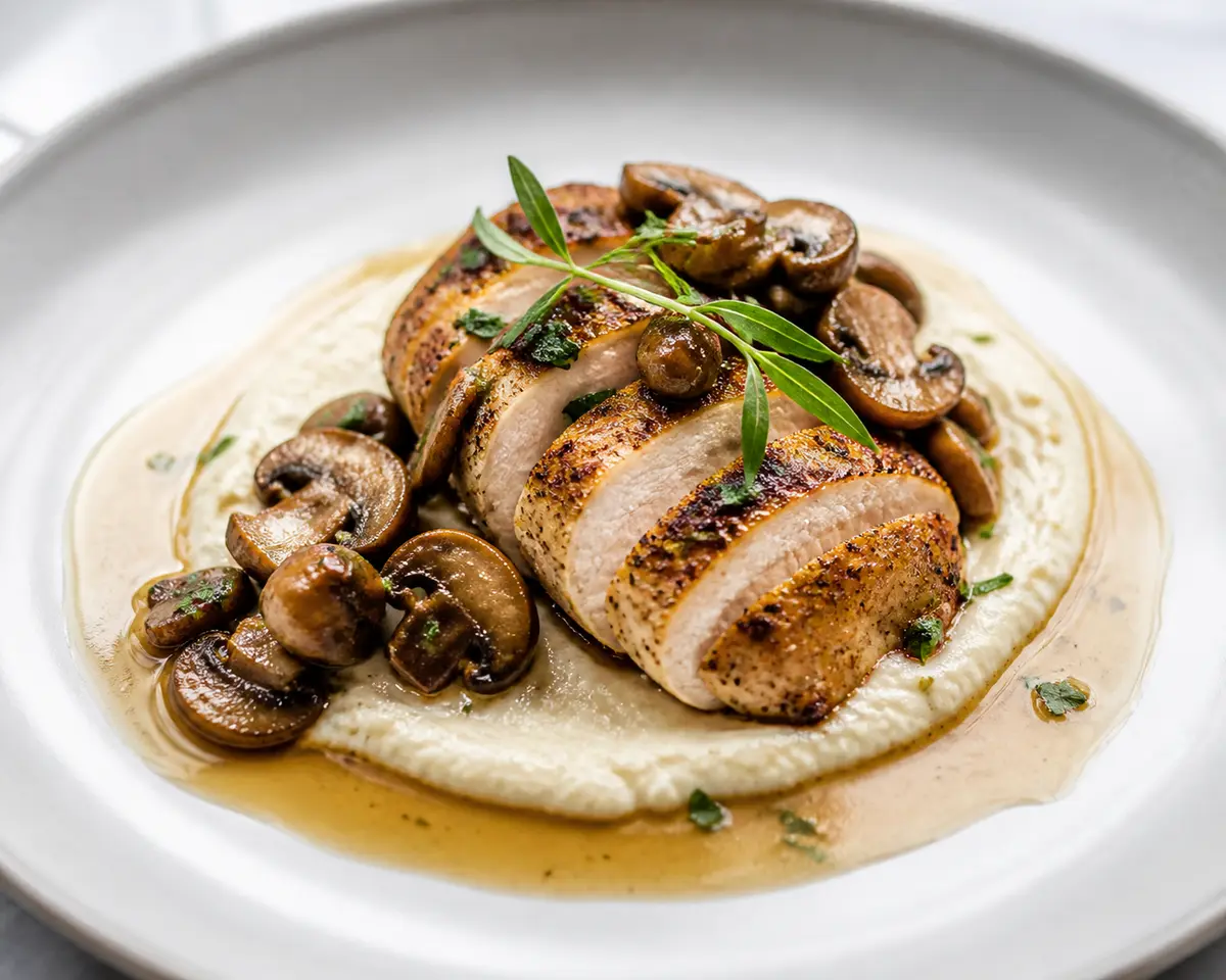 Tarragon Chicken with Celeriac Cream and Lemon Mushrooms
