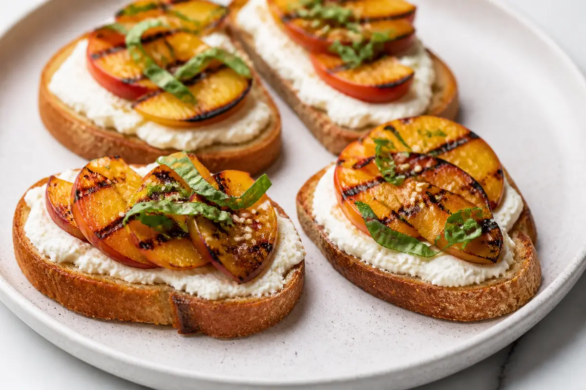 Express Charred Nectarine Toasts with Whipped Feta, Basil, and Sesame