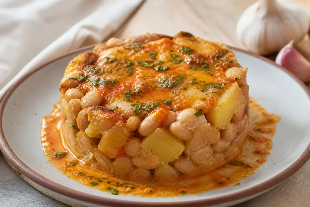 Timbal Económico de Alubias, Papa y Cebolla con Salsa de Pimentón y Perejil