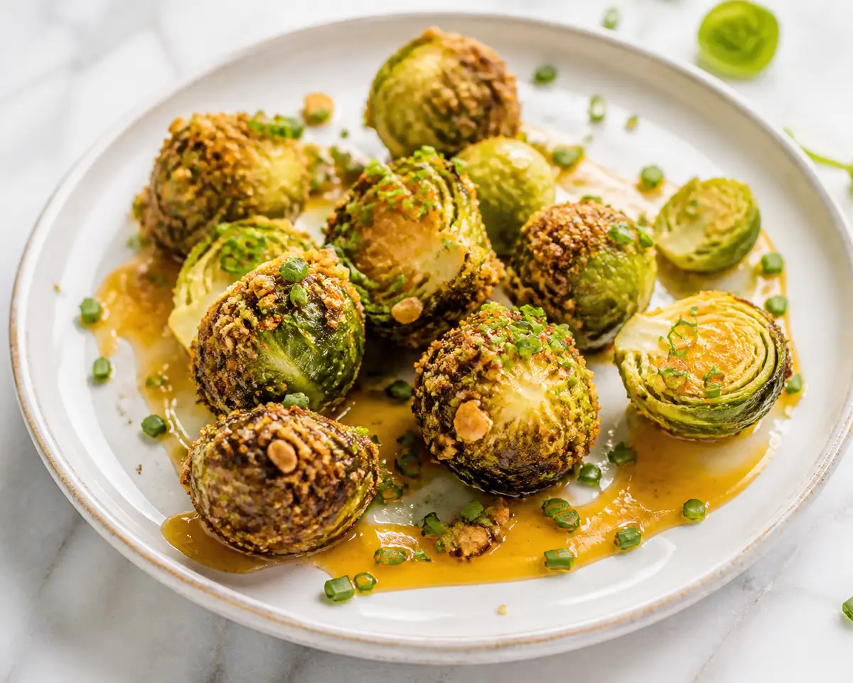 Air Fryer Brussels Sprouts Bites with Hazelnut Manchego Crust and Warm Orange Chive Drizzle