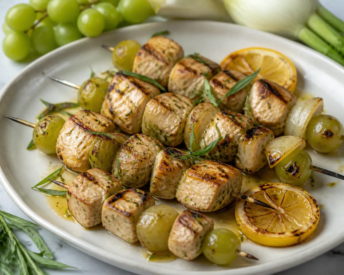 Brochetas de pollo a la parrilla con uvas verdes chamuscadas, hinojo y adobo de limón, miel y estragón