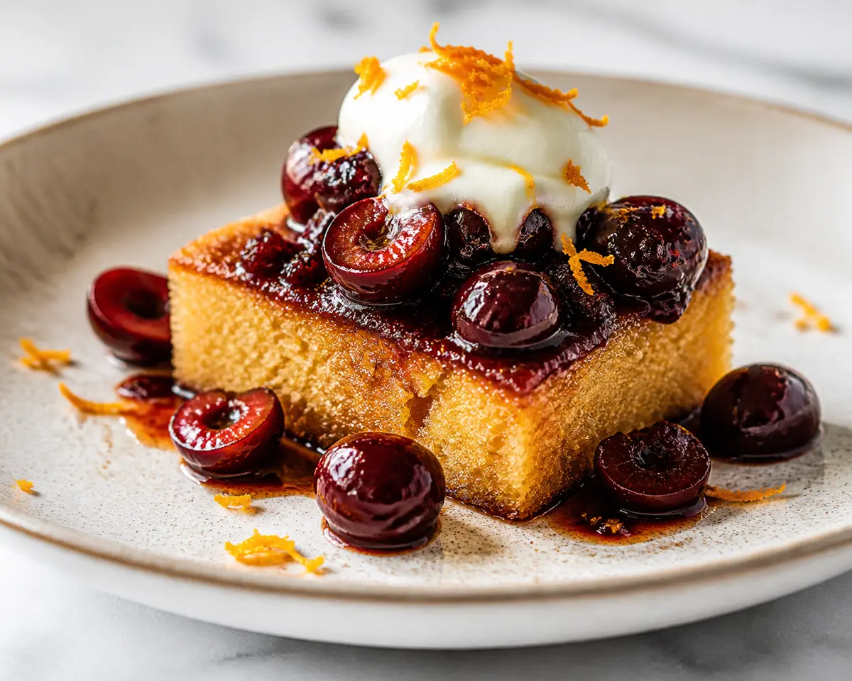 Olive Oil and Semolina Cake with Balsamic Roasted Cherries and Vanilla Cream
