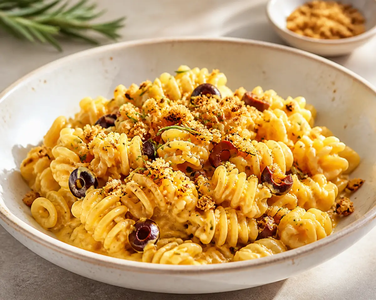 Creamy Radiatori with Roasted Yellow Pepper, Mascarpone, Olives, and Rosemary Crumbs