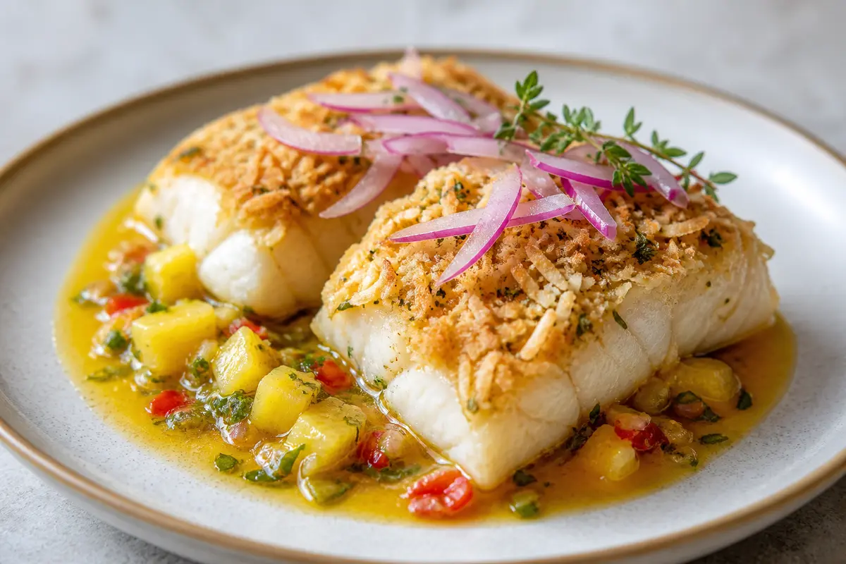 Bacalao Caribeño al Horno con Costra de Cassava y Salsa Tibia de Piña, Chile y Hierbas