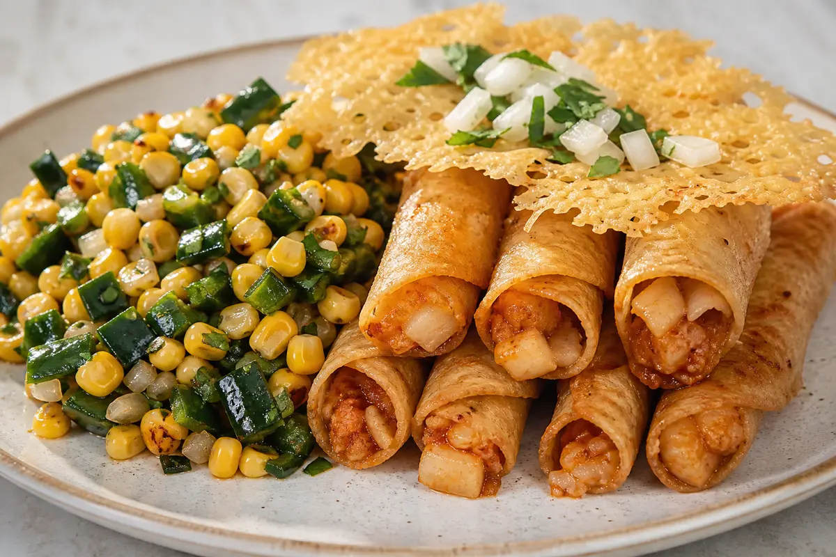 Guajillo Potato Flautas with Crisped Cheese and Warm Corn Poblano Salad