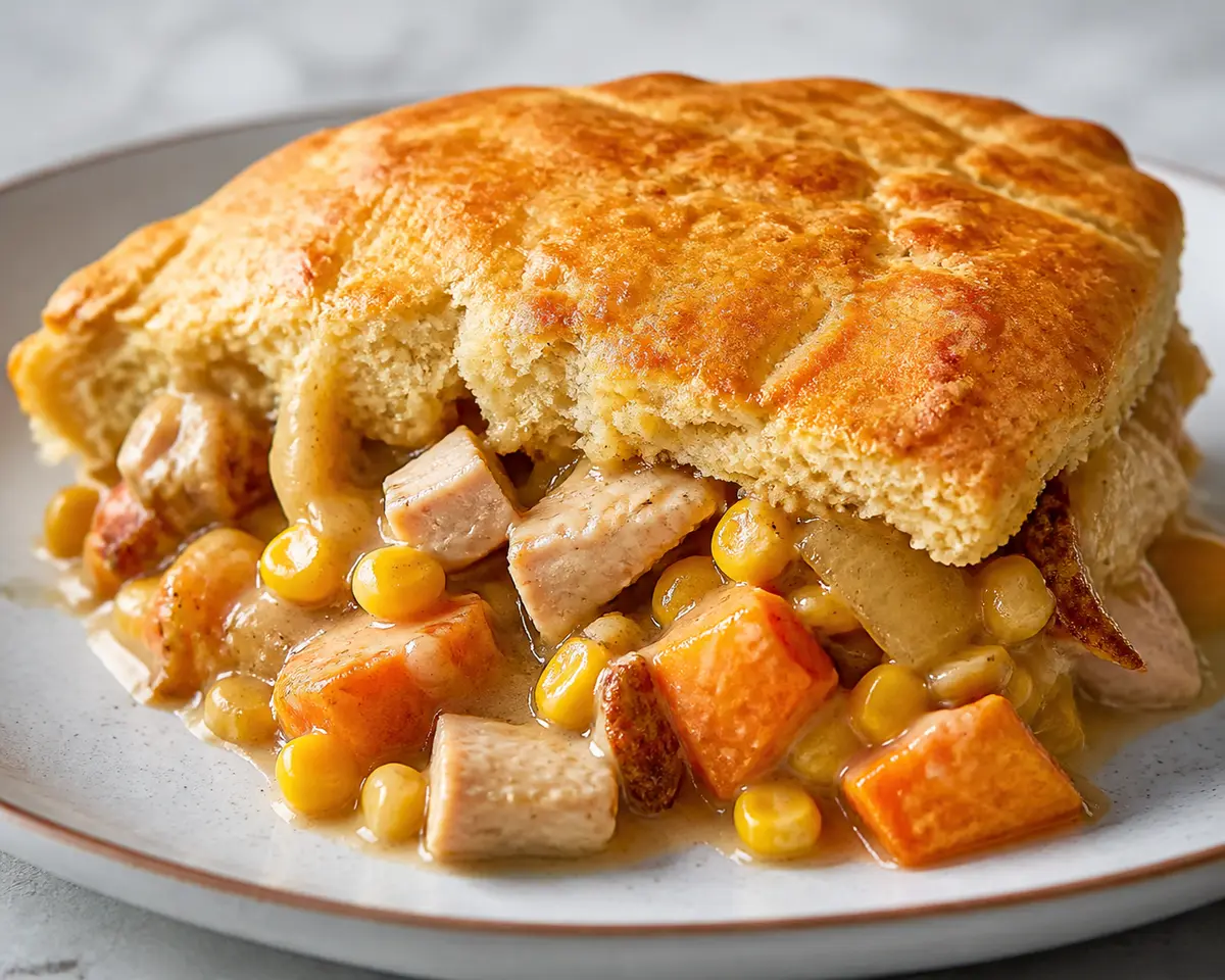 Pastel rústico de pavo ahumado con batata, maíz tostado y costra de biscuits de suero