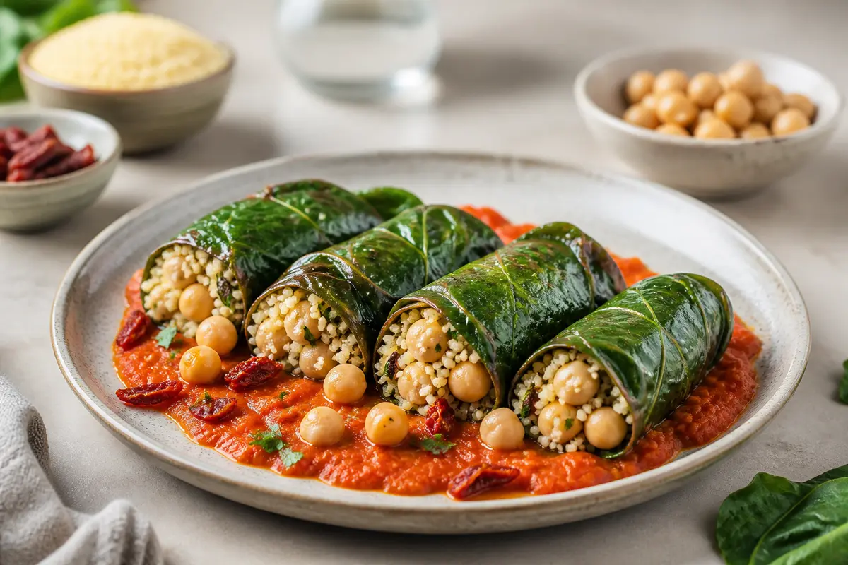 Rollitos Mediterráneos de Acelga con Cuscús de Hierbas, Tomate Seco y Salsa de Pimiento Rojo Asado