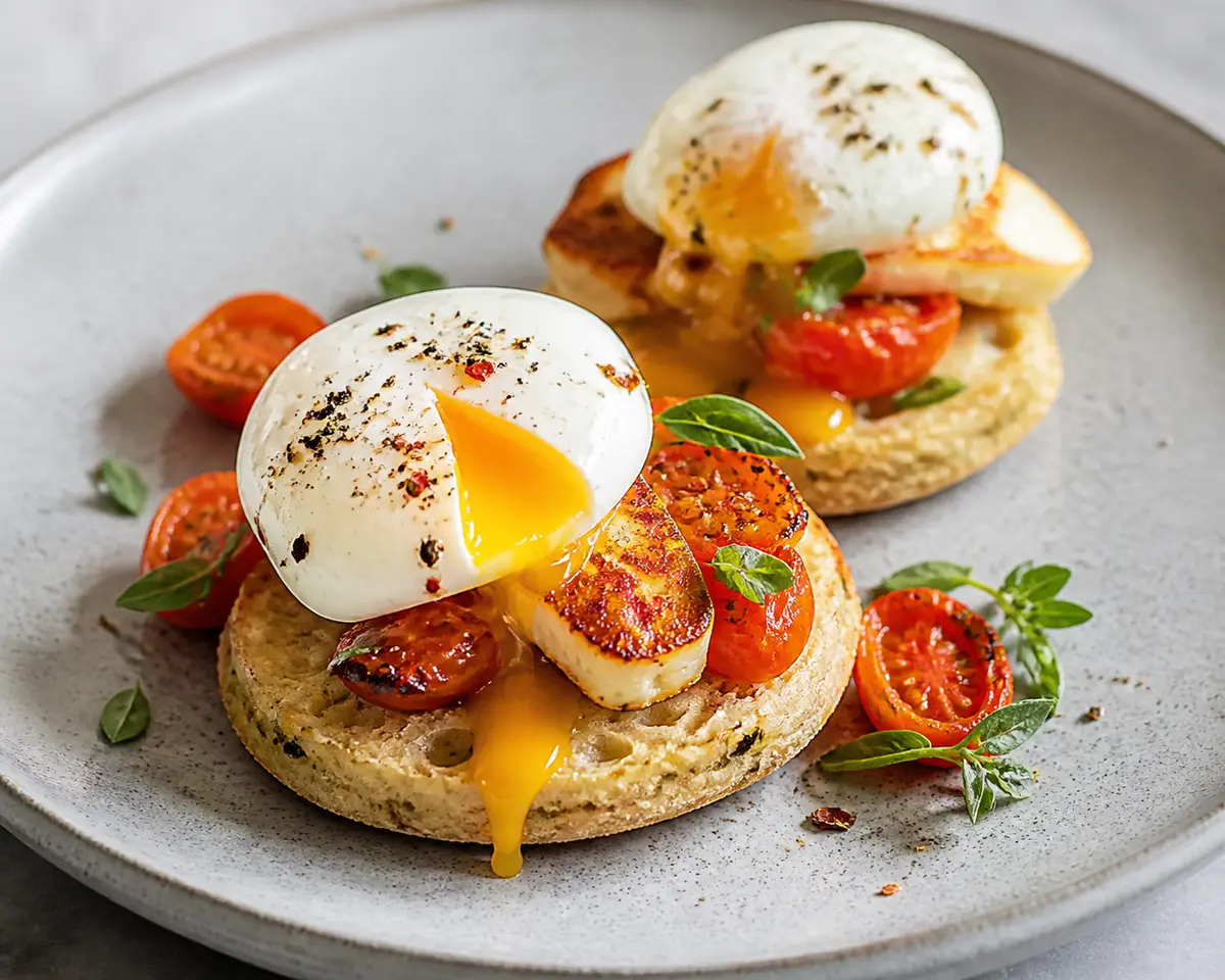 Savory Oat Herb Crumpets with Warm Tomatoes, Golden Halloumi, and Soft Eggs