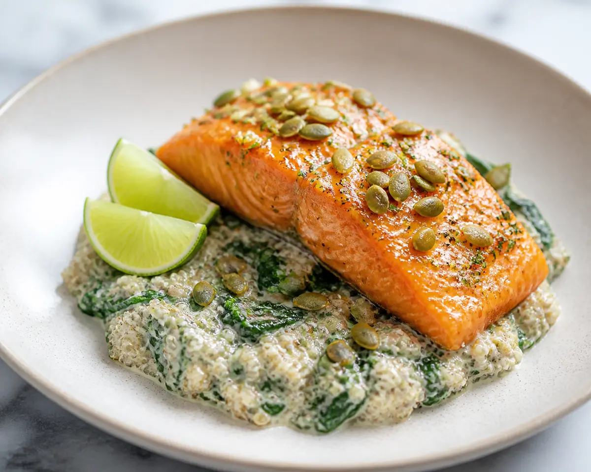 Maple Lime Salmon with Creamy Coconut Quinoa, Spinach and Pepita Crunch