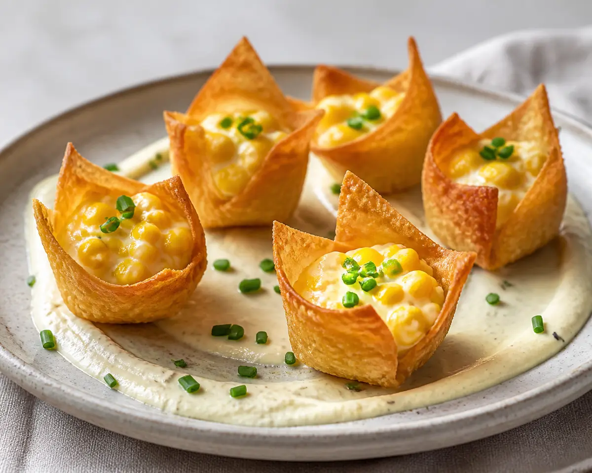 Crispy wonton bites with smoky corn cream and chives