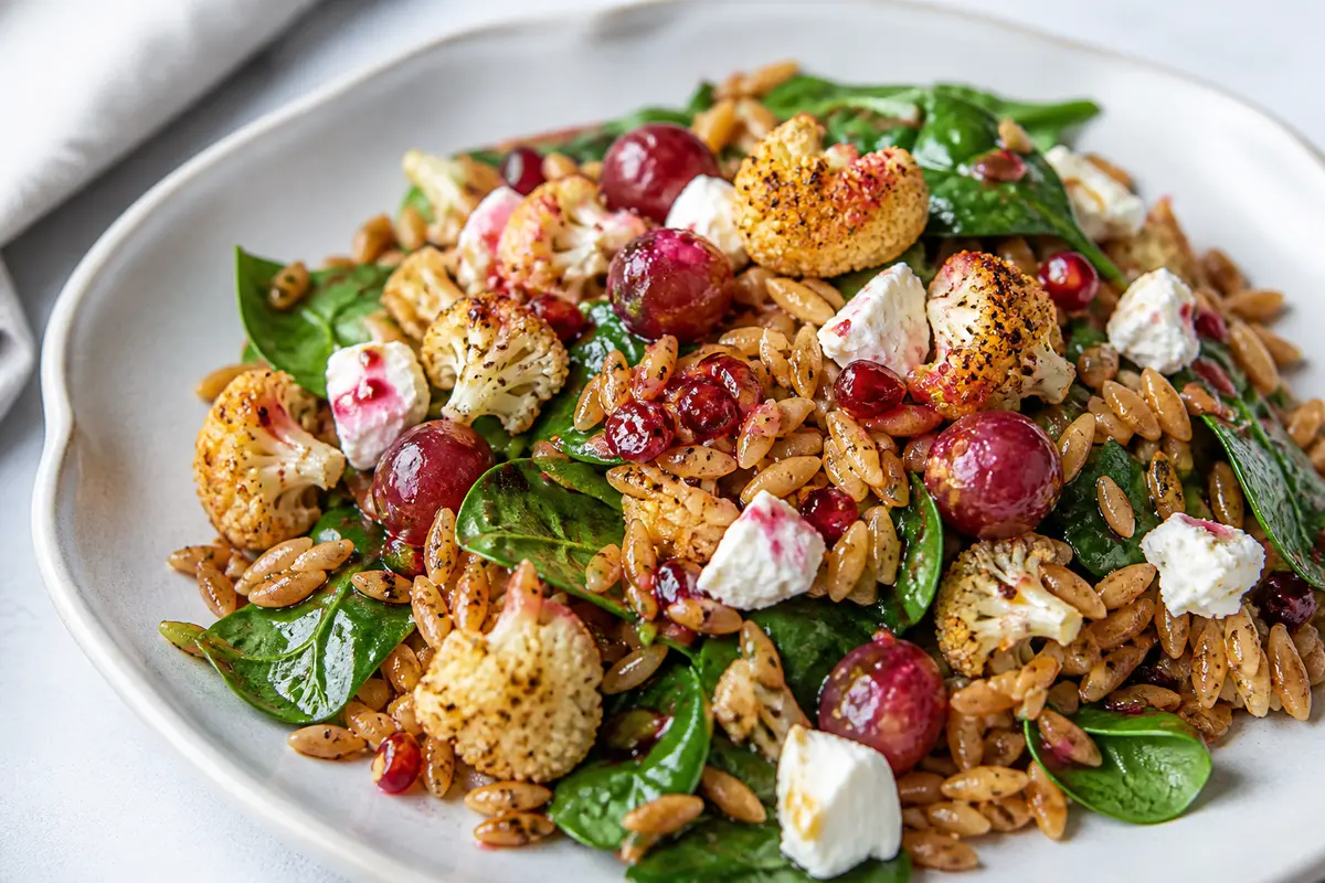 Warm Toasted Orzo Salad with Za’atar Cauliflower, Sautéed Grapes, and Goat Cheese with Pomegranate Vinaigrette
