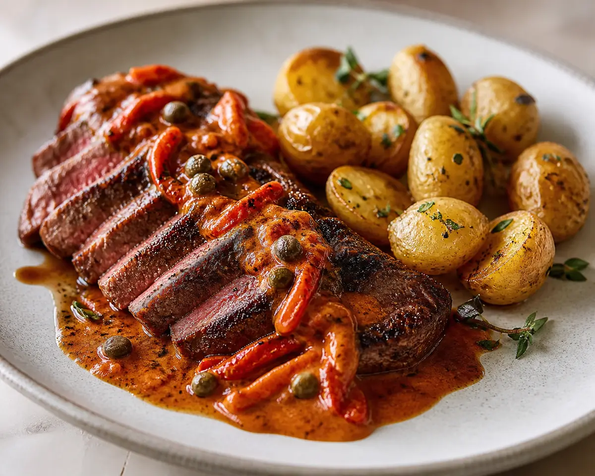 Beef Steak with Silky Red Pepper Caper Sauce and Oregano Golden Potatoes