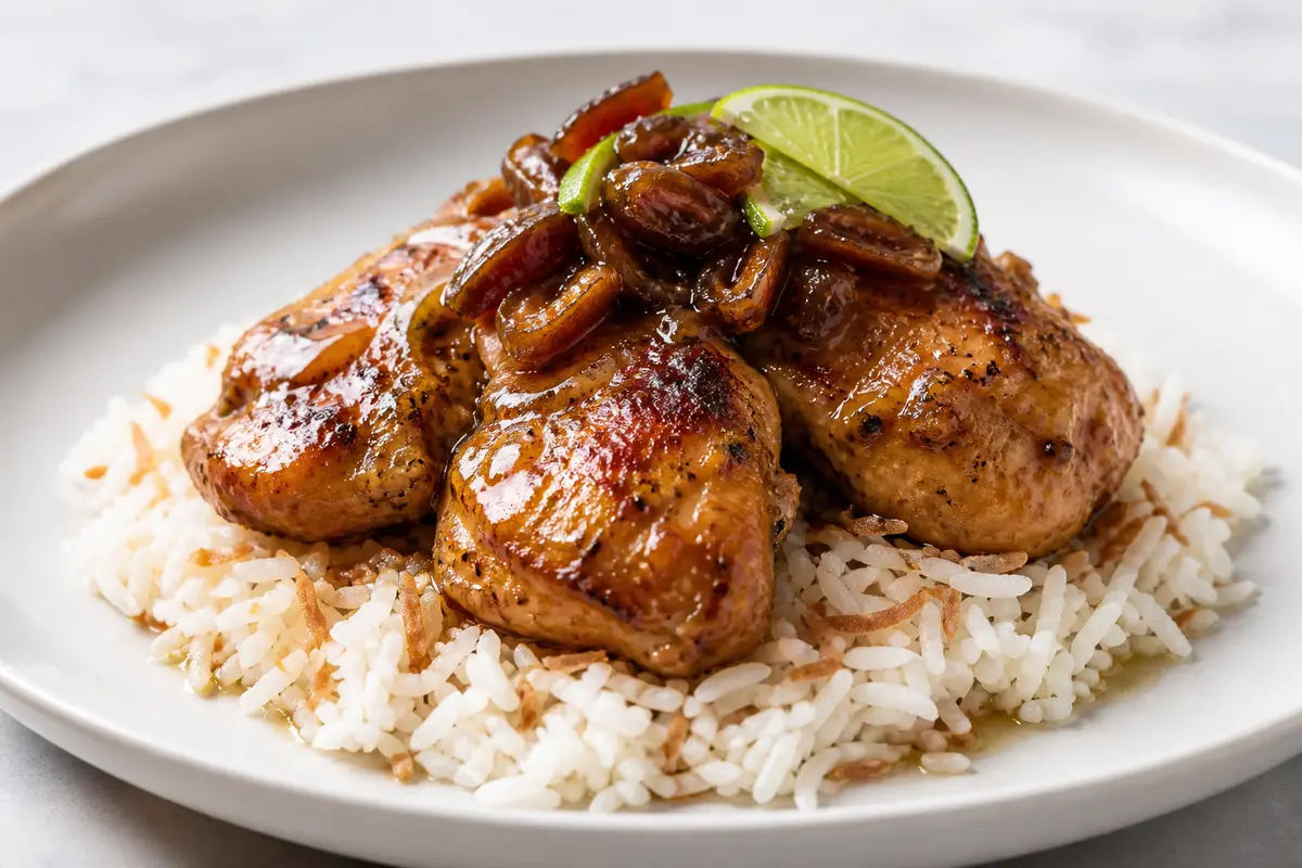 Pollo al horno con mantequilla de dátiles, lima y especias tibias sobre arroz de coco tostado