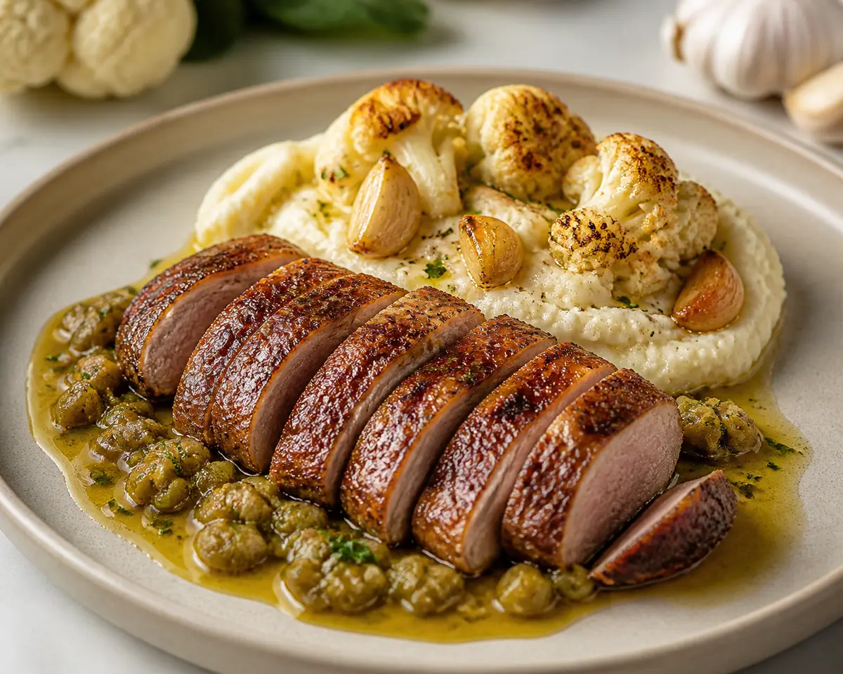 Pechuga de Pato Keto con Salsa de Aceitunas Verdes y Puré de Coliflor al Ajo Asado