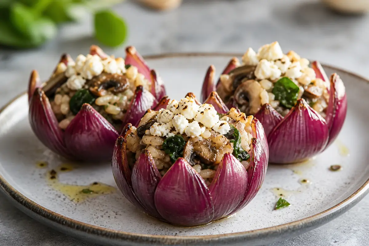 Red Onion Crowns Stuffed with Mushroom Spinach Risotto and Goat Cheese